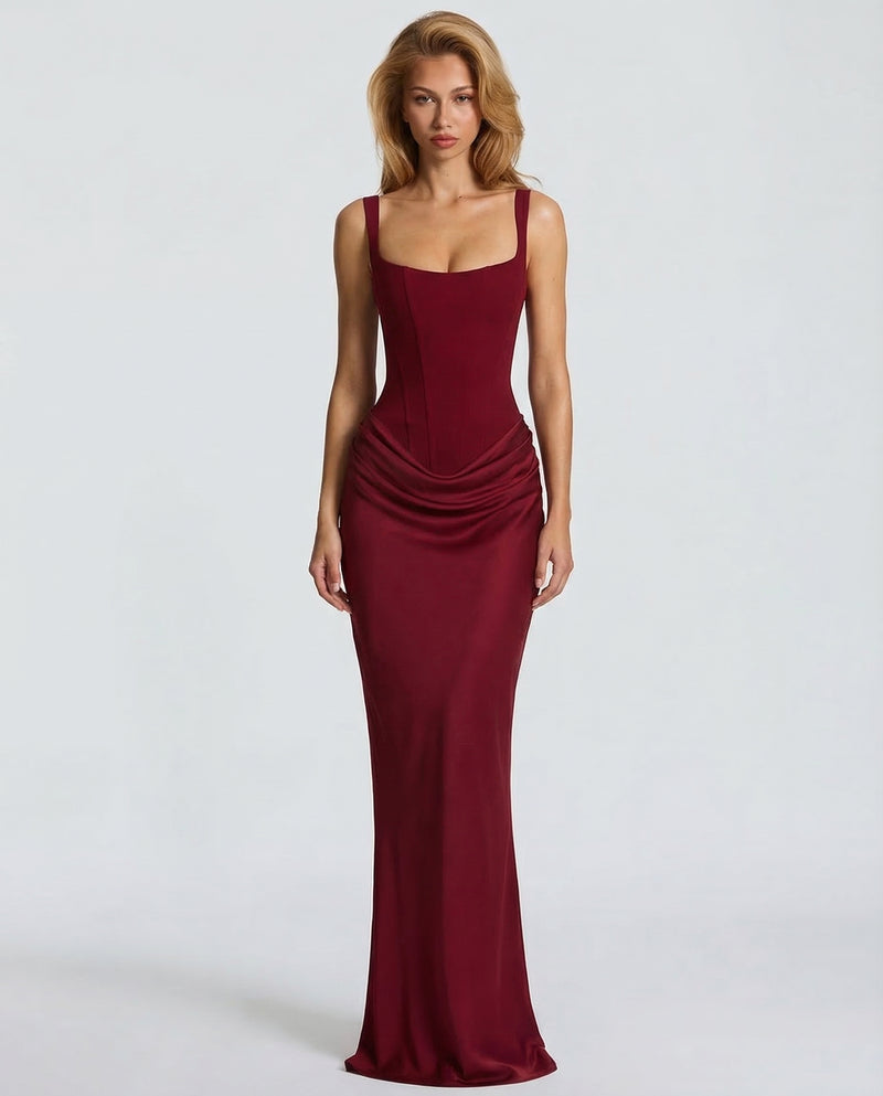 Corset-maxi-jurk met gedrapeerde rok en vetersluiting op de rug.