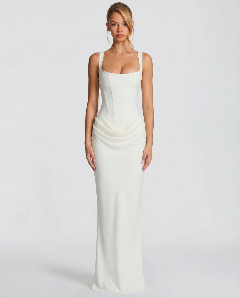 Corset-maxi-jurk met gedrapeerde rok en vetersluiting op de rug.