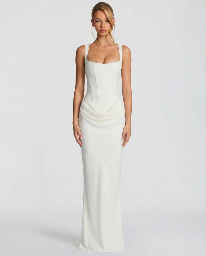 Corset-maxi-jurk met gedrapeerde rok en vetersluiting op de rug.