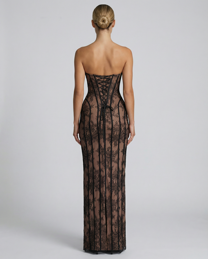 Strapless maxi-jurk met bloemenkant en korset