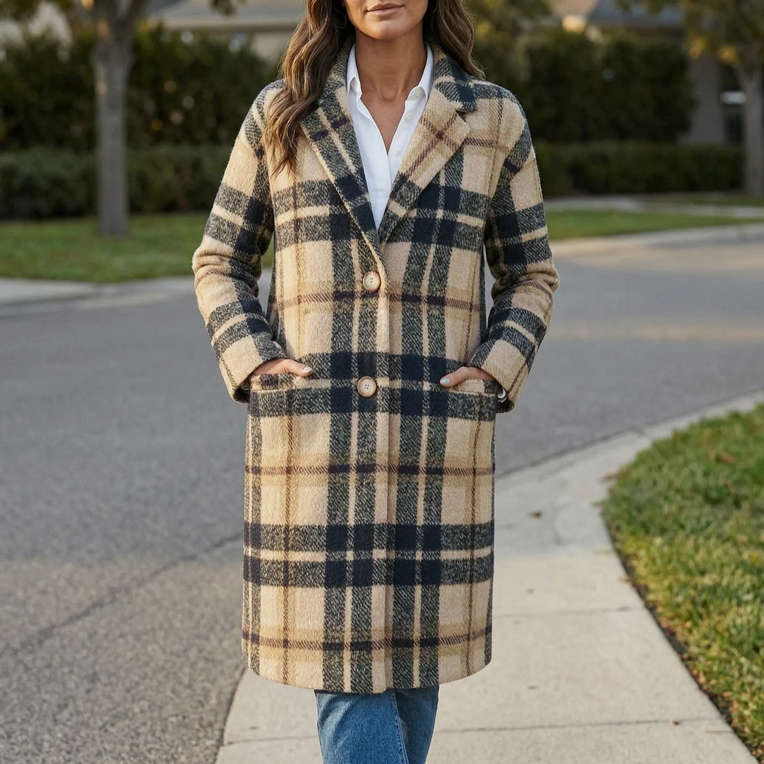 PlaidwellLong Checkered Lapel Coat For Women
