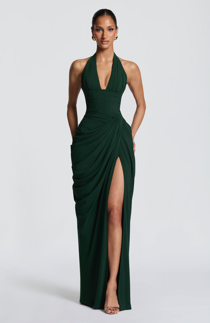 Linde halter-maxi-jurk met korsetlijfje en chiffonrok