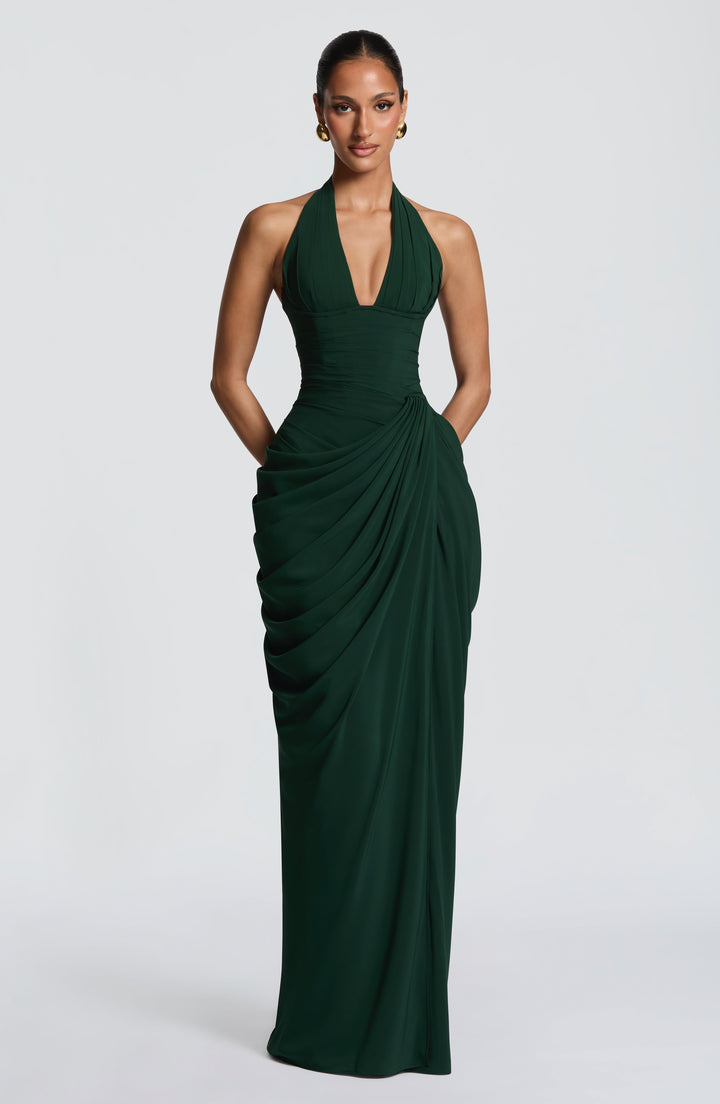 Linde halter-maxi-jurk met korsetlijfje en chiffonrok