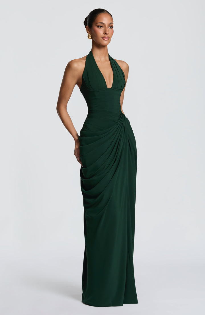 Linde maxi-jurk met halternek, korsetbovenstuk en chiffon rok