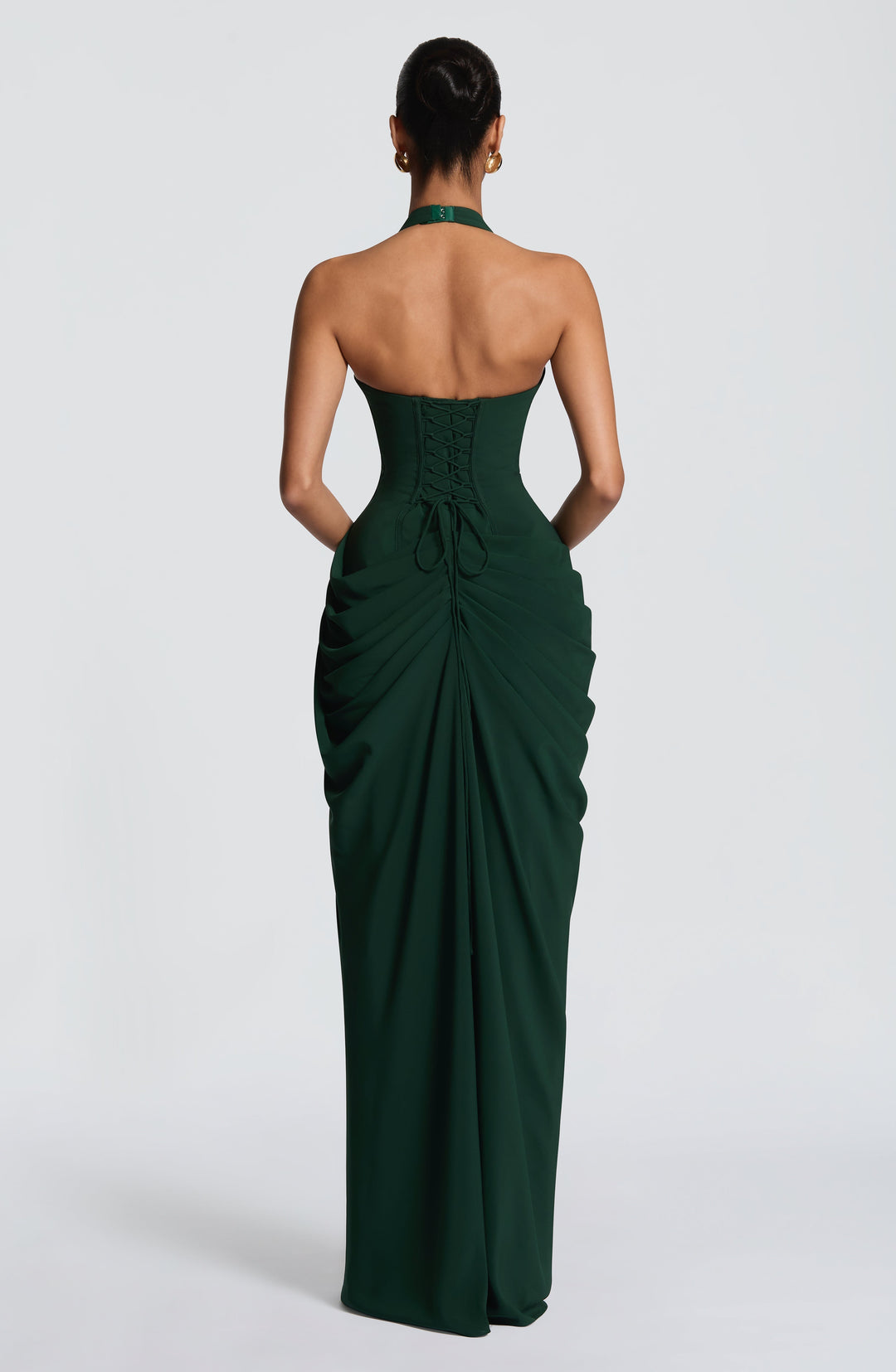 Linde halter-maxi-jurk met korsetlijfje en chiffonrok