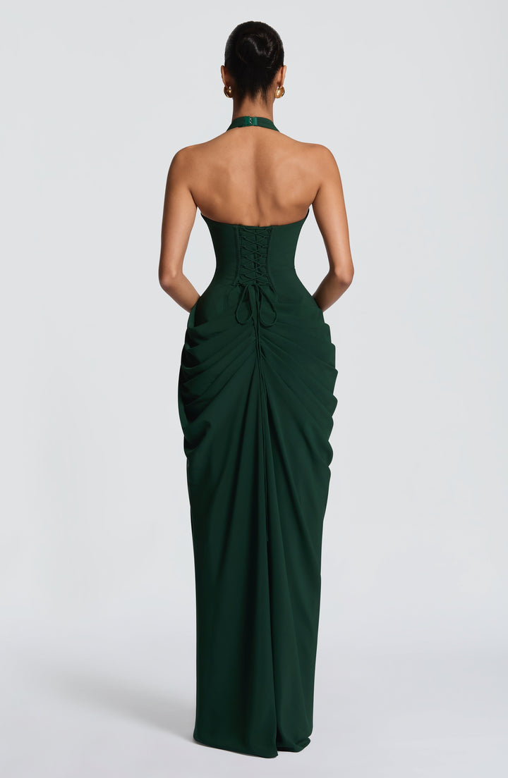 Linde halter-maxi-jurk met korsetlijfje en chiffonrok