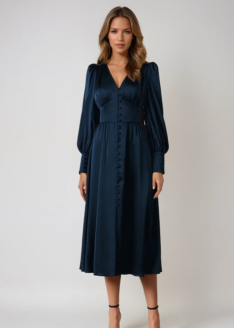 Elegante satijnen V-hals maxi-jurk voor dames Tijdloze elegantie met een moderne touch