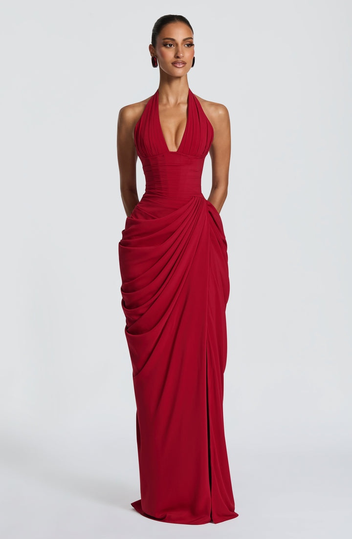 Linde maxi-jurk met halternek, korsetbovenstuk en chiffon rok