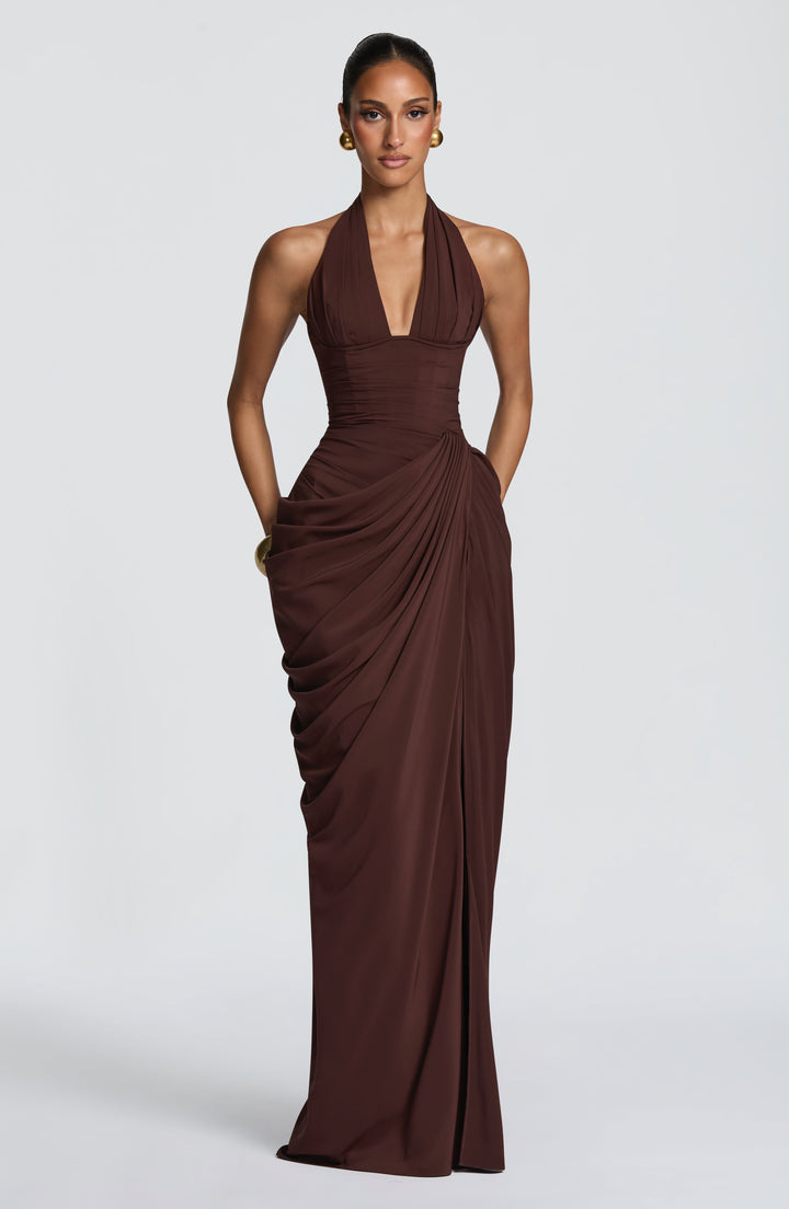 Linde maxi-jurk met halternek, korsetbovenstuk en chiffon rok
