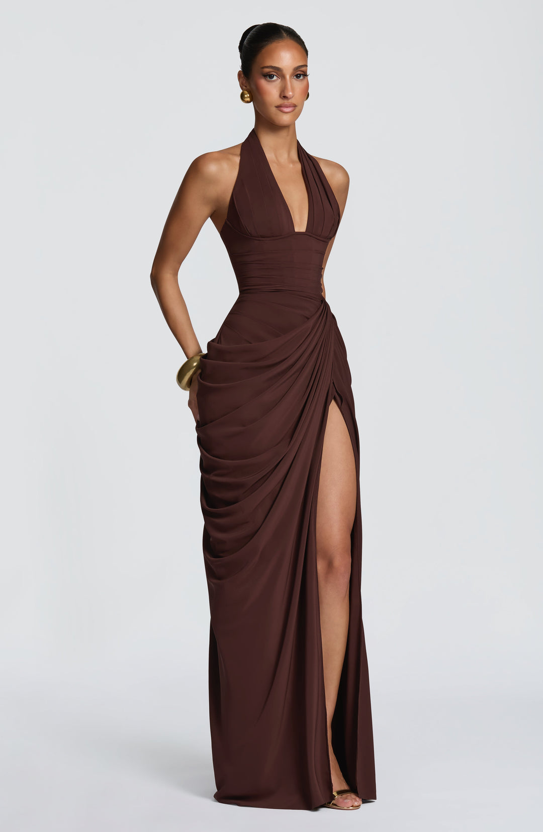 Linde halter-maxi-jurk met korsetlijfje en chiffonrok