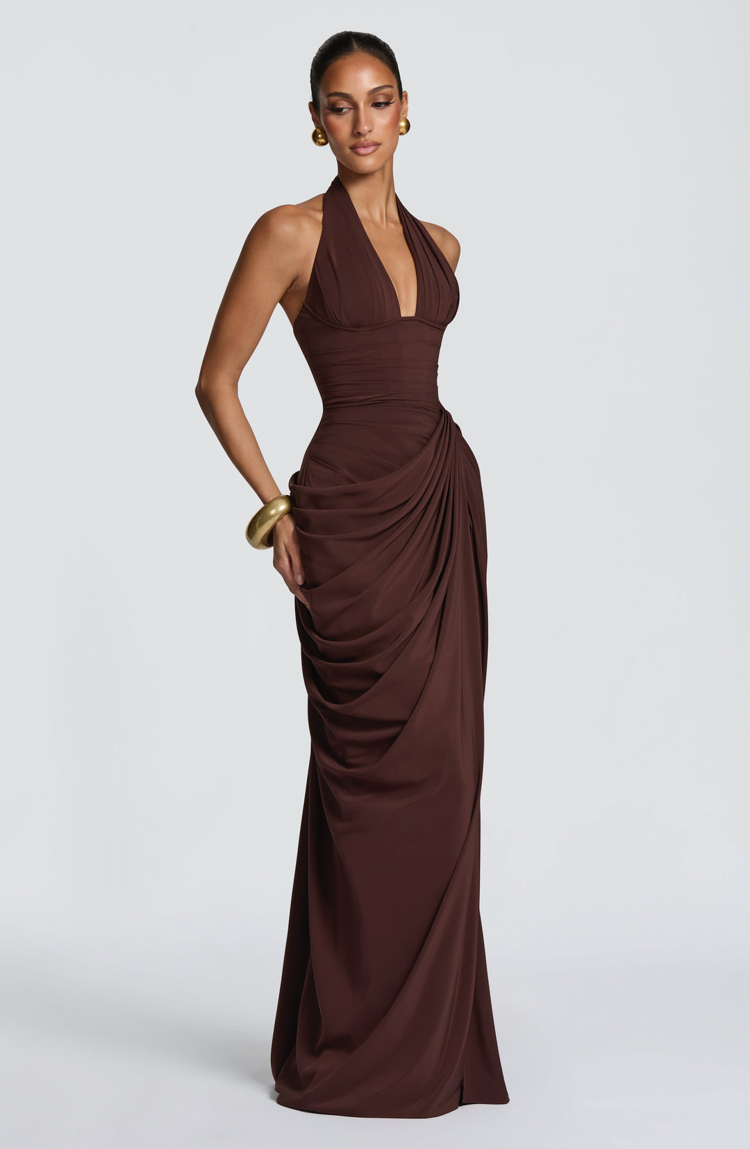 Linde halter-maxi-jurk met korsetlijfje en chiffonrok