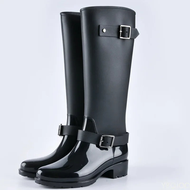 Hoge dames regenlaarzen waterdicht met gespen & blokhak – Elenya