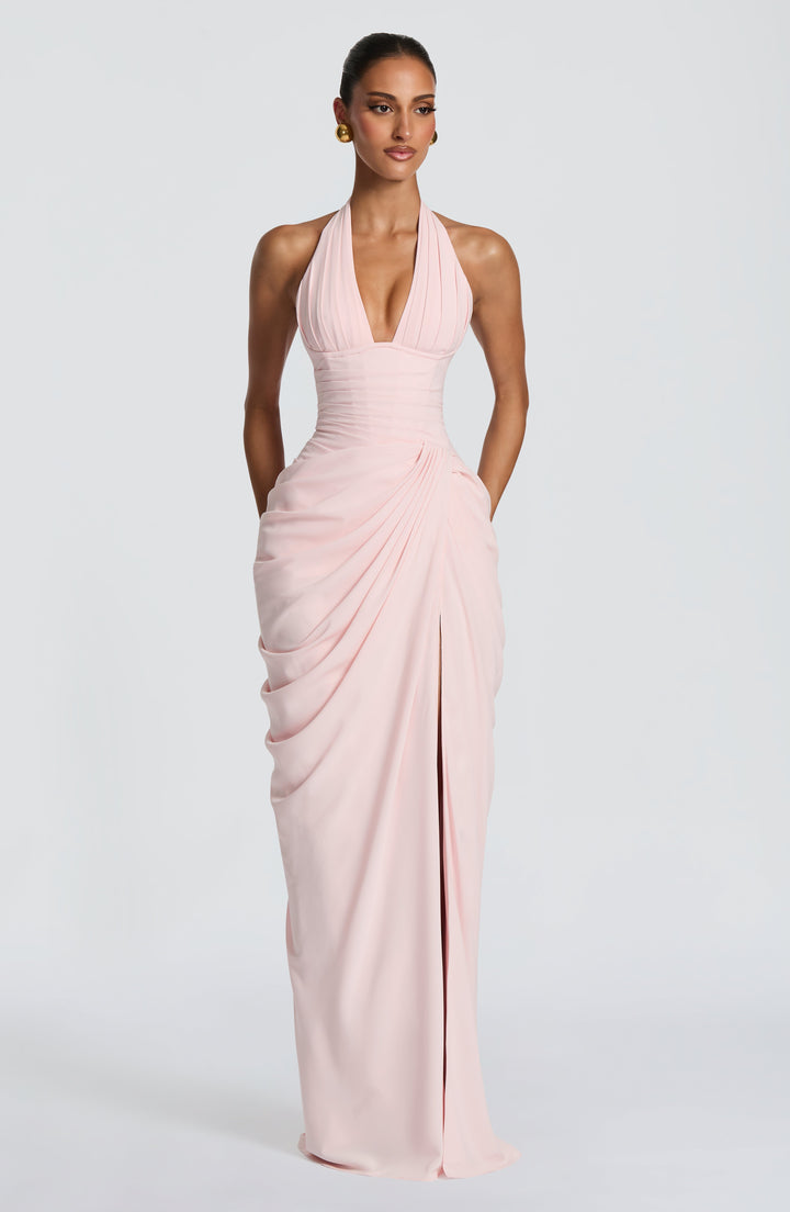 Linde halter-maxi-jurk met korsetlijfje en chiffonrok