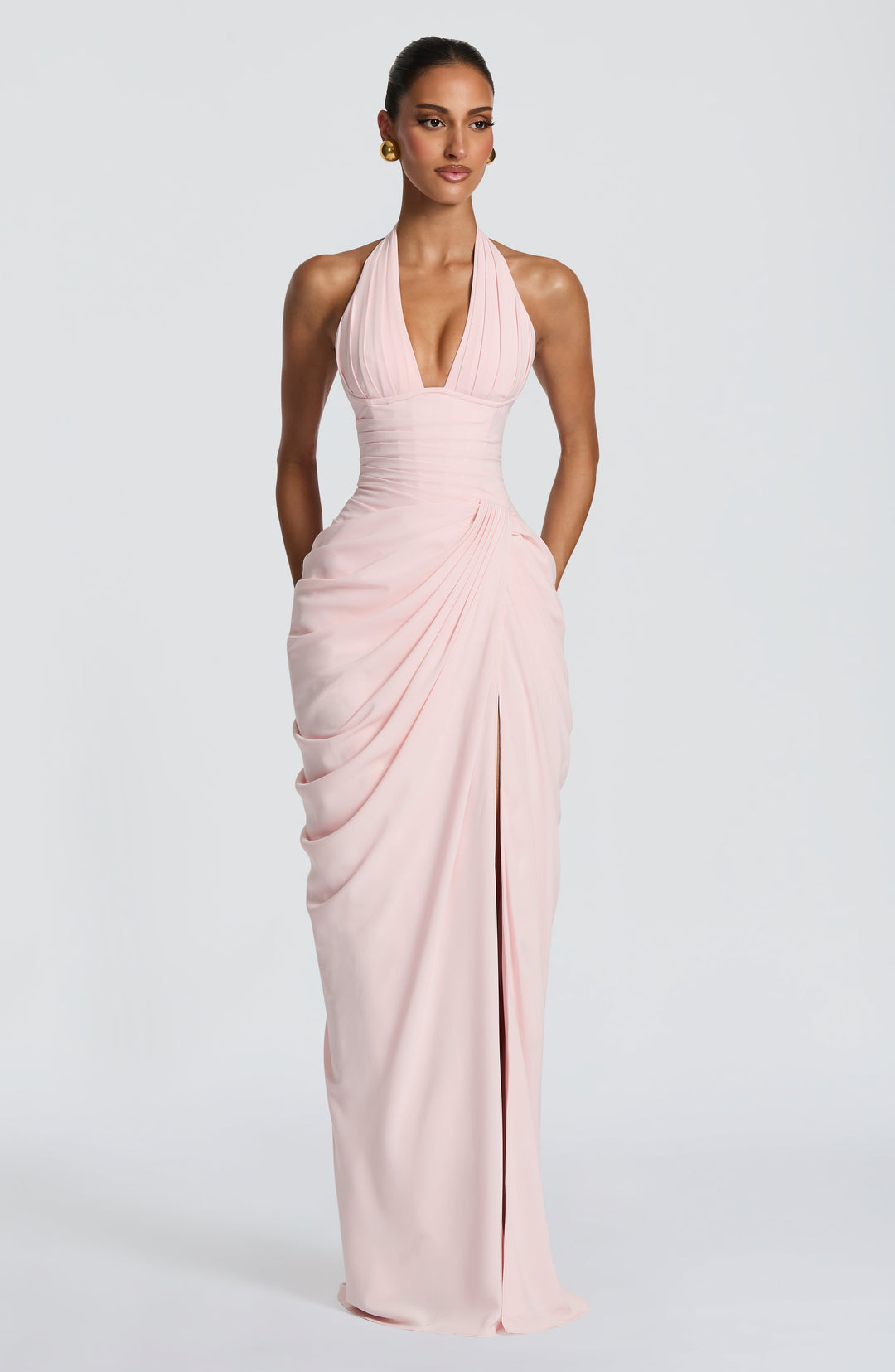 Linde maxi-jurk met halternek, korsetbovenstuk en chiffon rok