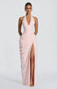 Linde halter-maxi-jurk met korsetlijfje en chiffonrok