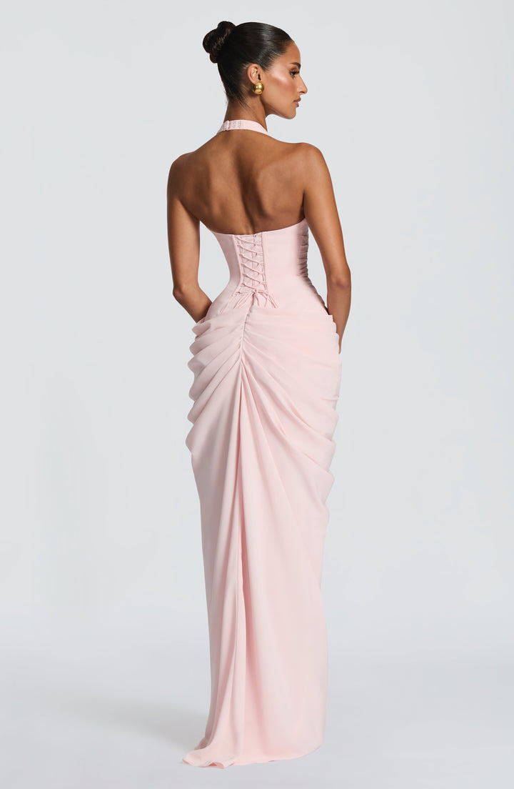 Linde maxi-jurk met halternek, korsetbovenstuk en chiffon rok