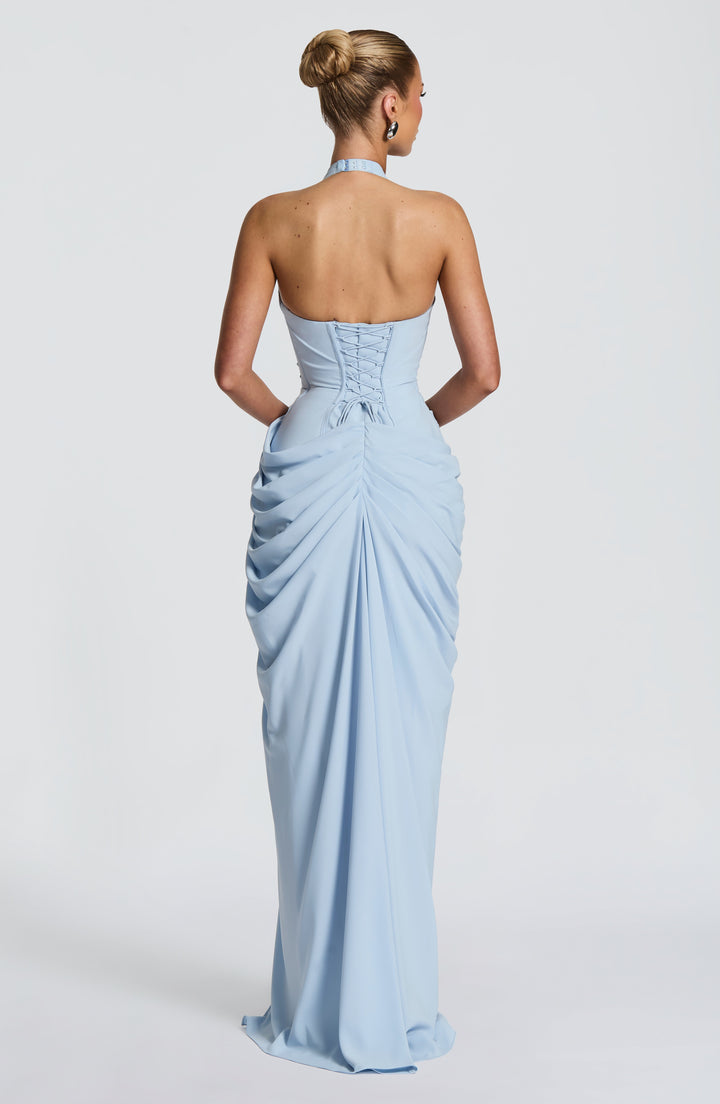 Linde maxi-jurk met halternek, korsetbovenstuk en chiffon rok
