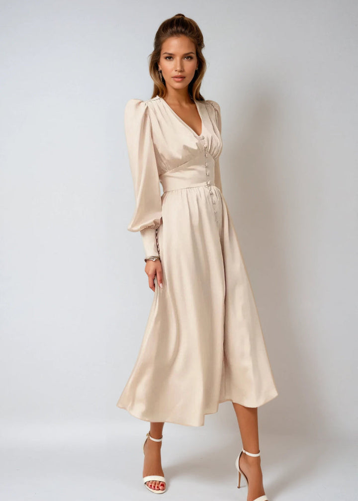 Elegante satijnen V-hals maxi-jurk voor dames Tijdloze elegantie met een moderne touch
