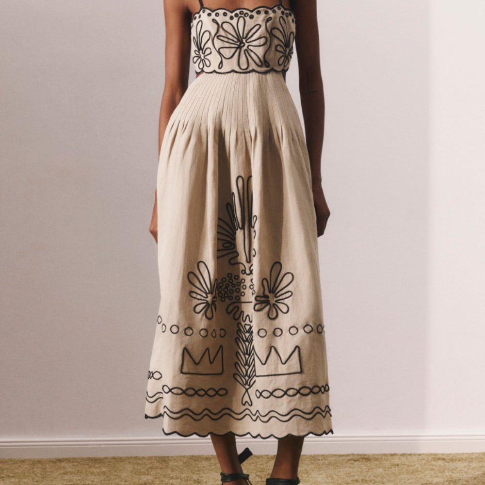 Mia - Elegante Midi-Jurk met Sierlijke Borduursels en Spaghettibandjes - SkinzLine