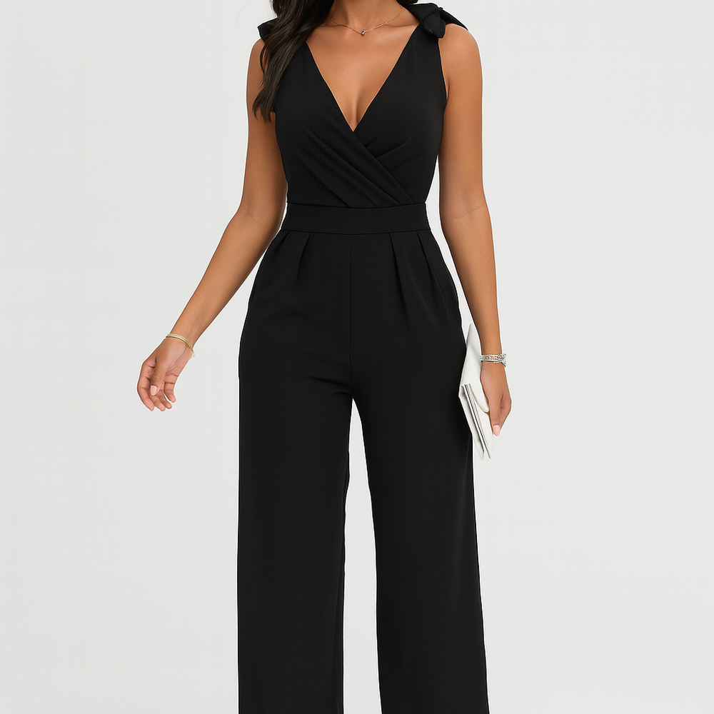 Selvara – Wide-Leg Jumpsuit met Elegante V-Hals en Geplooide Taille