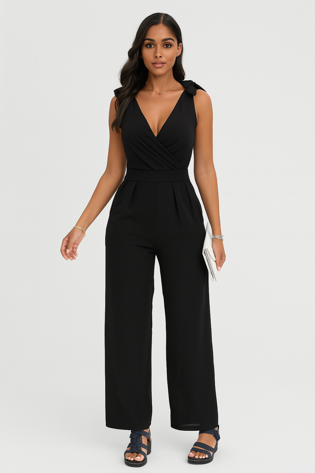 Selvara – Wide-Leg Jumpsuit met Elegante V-Hals en Geplooide Taille