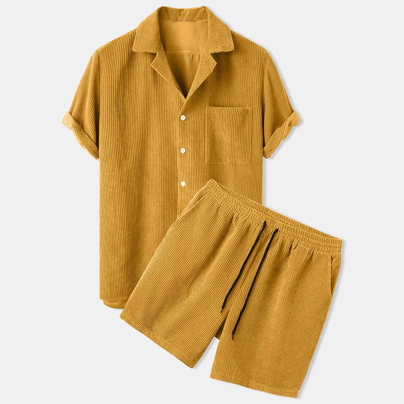 Geribde zomerkledingset voor Heren - Korte broek met poloshirt