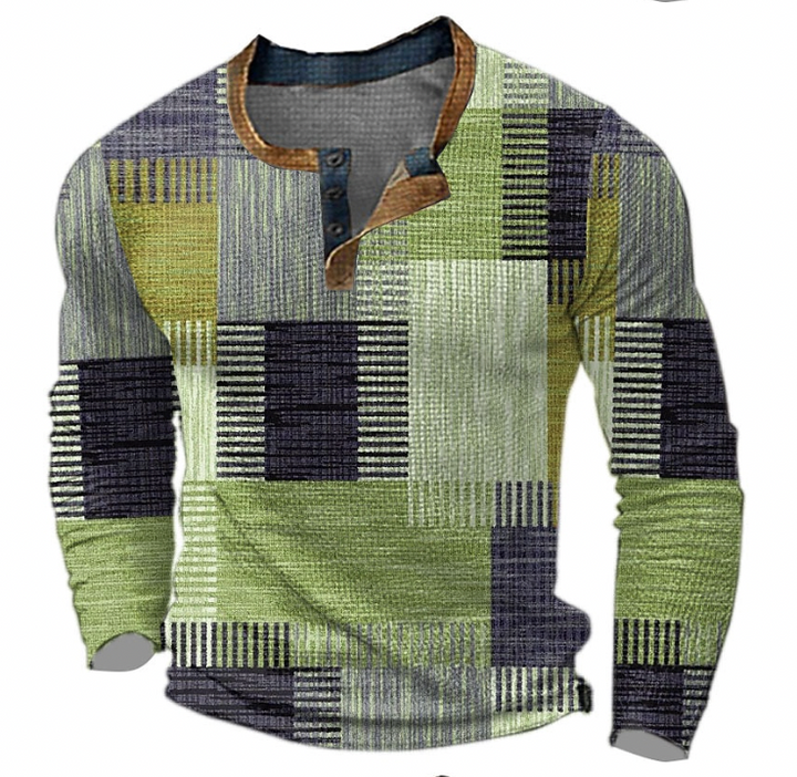 Heren henley-sweatshirt met knoopsluiting en geometrisch motief