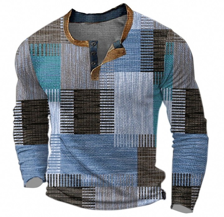 Heren henley-sweatshirt met knoopsluiting en geometrisch motief