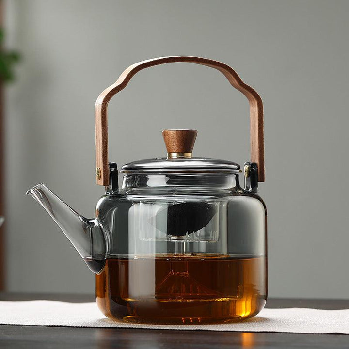 Glazen theepot met houten deksel en filter – 1,2 liter, gerookt glas en hout voor een elegante theedegustatie-ervaring