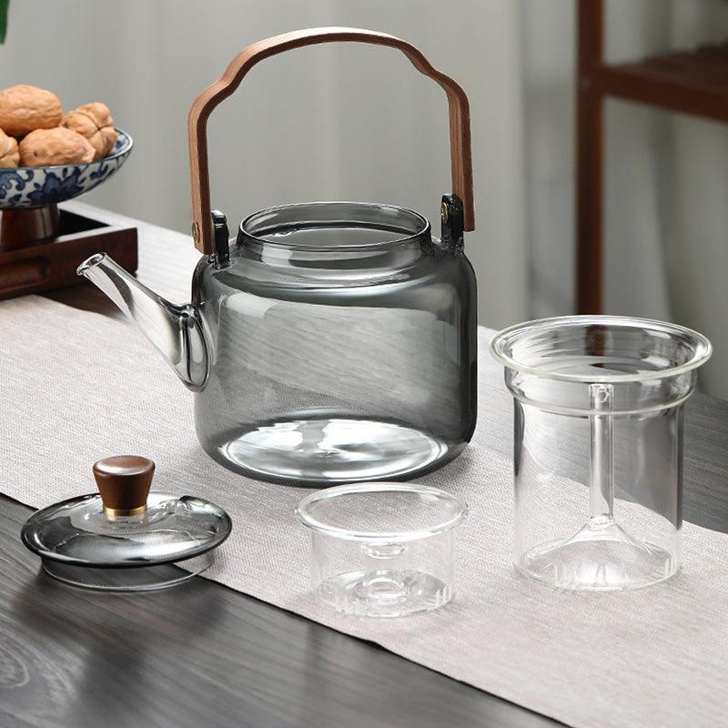 Glazen theepot met houten deksel en filter – 1,2 liter, gerookt glas en hout voor een elegante theedegustatie-ervaring