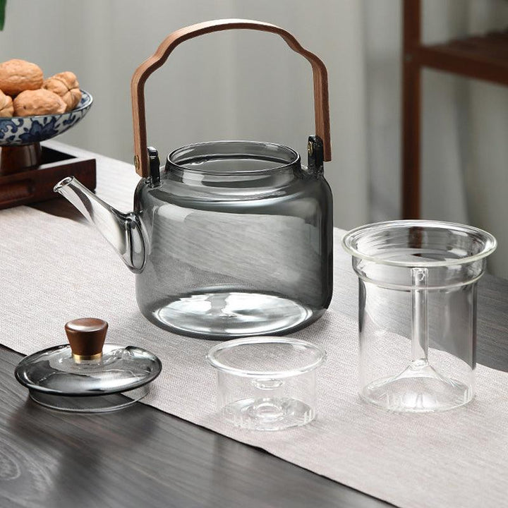 Glazen theepot met houten deksel en filter – 1,2 liter, gerookt glas en hout voor een elegante theedegustatie-ervaring