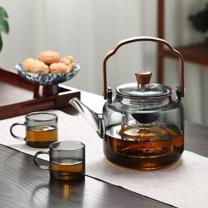 Glazen theepot met houten deksel en filter – 1,2 liter, gerookt glas en hout voor een elegante theedegustatie-ervaring