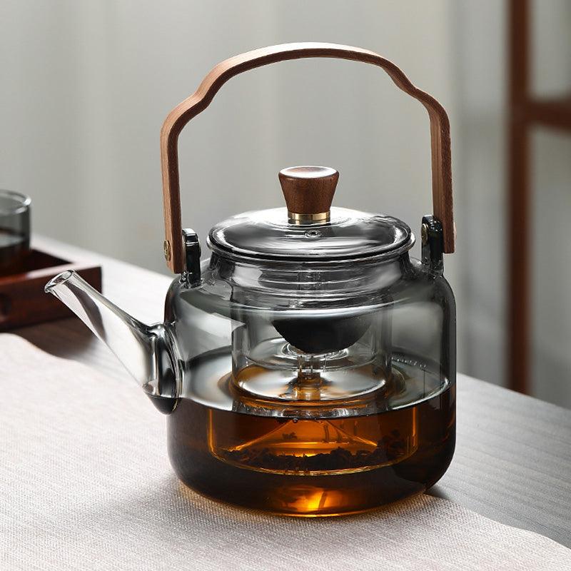 Glazen theepot met houten deksel en filter – 1,2 liter, gerookt glas en hout voor een elegante theedegustatie-ervaring