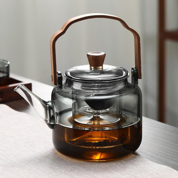 Glazen theepot met houten deksel en filter – 1,2 liter, gerookt glas en hout voor een elegante theedegustatie-ervaring