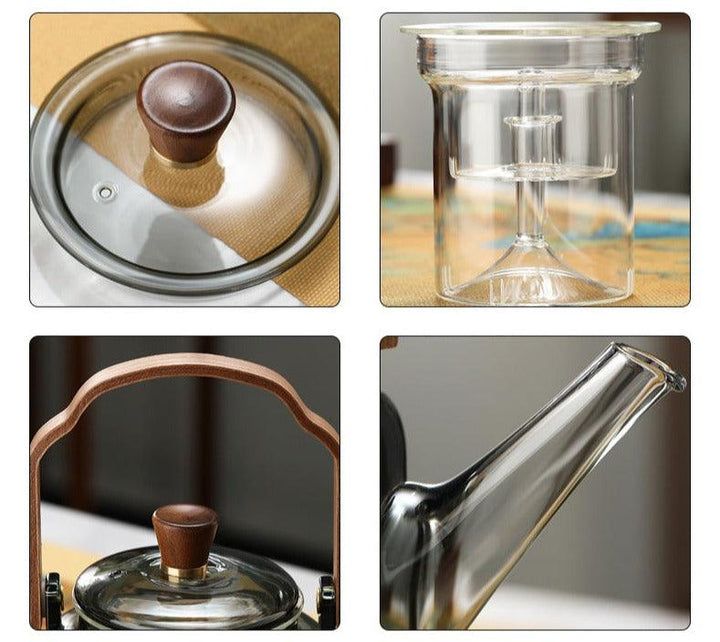Glazen theepot met houten deksel en filter – 1,2 liter, gerookt glas en hout voor een elegante theedegustatie-ervaring