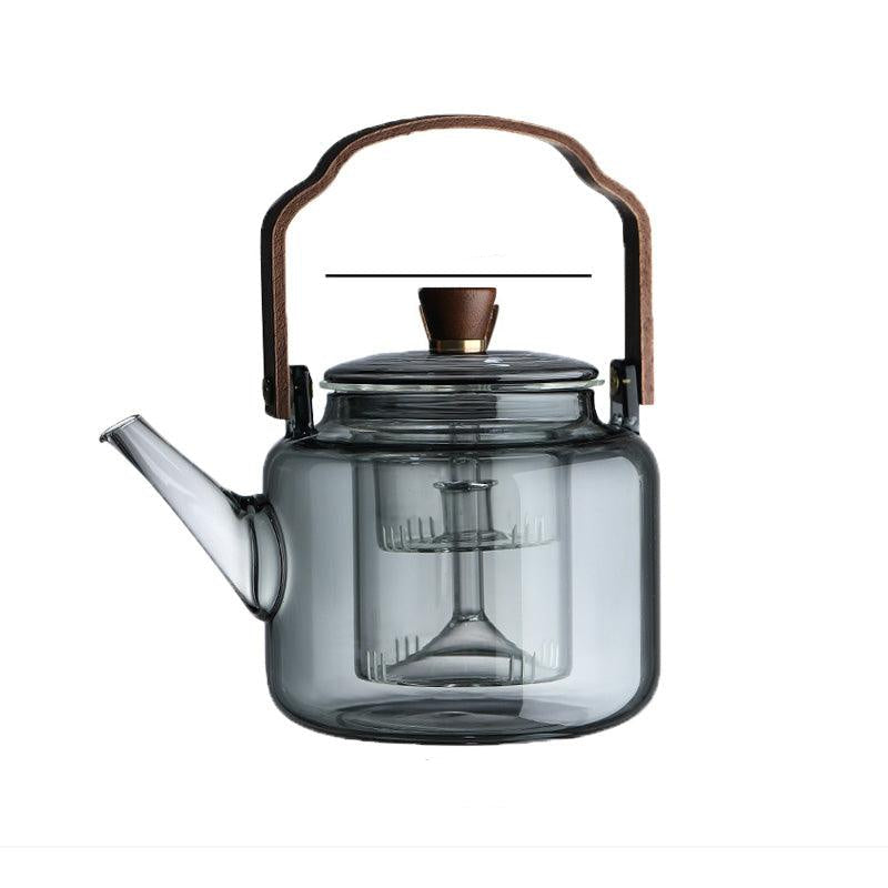 Glazen theepot met houten deksel en filter – 1,2 liter, gerookt glas en hout voor een elegante theedegustatie-ervaring