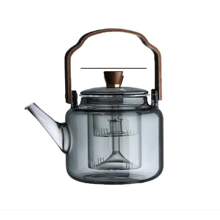 Glazen theepot met houten deksel en filter – 1,2 liter, gerookt glas en hout voor een elegante theedegustatie-ervaring