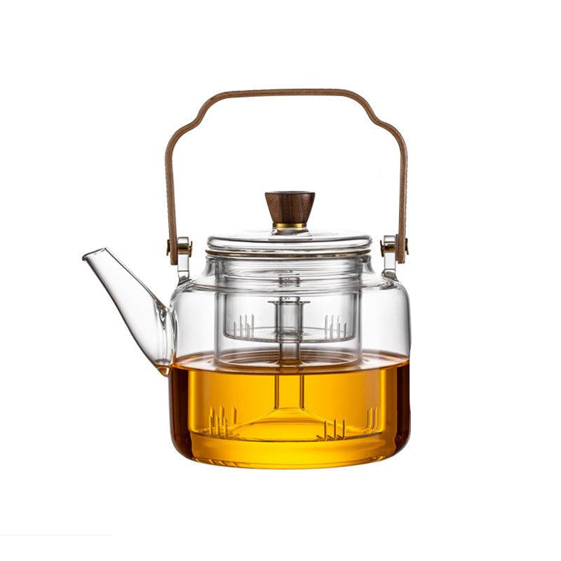 Glazen theepot met houten deksel en filter – 1,2 liter, gerookt glas en hout voor een elegante theedegustatie-ervaring