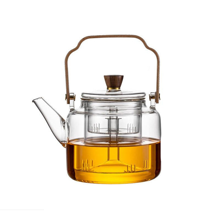 Glazen theepot met houten deksel en filter – 1,2 liter, gerookt glas en hout voor een elegante theedegustatie-ervaring