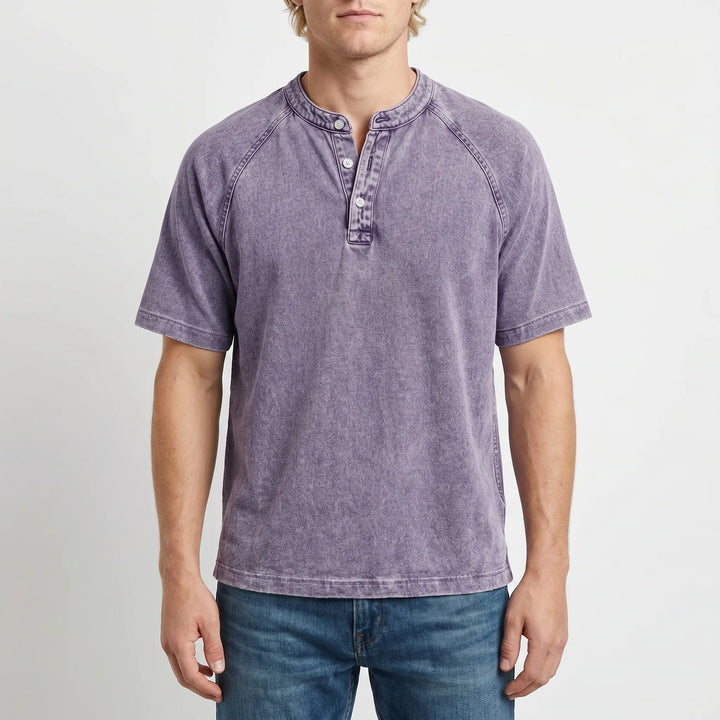 Heren henley met korte mouwen | Vintage gewassen T-shirt met knoopsluiting