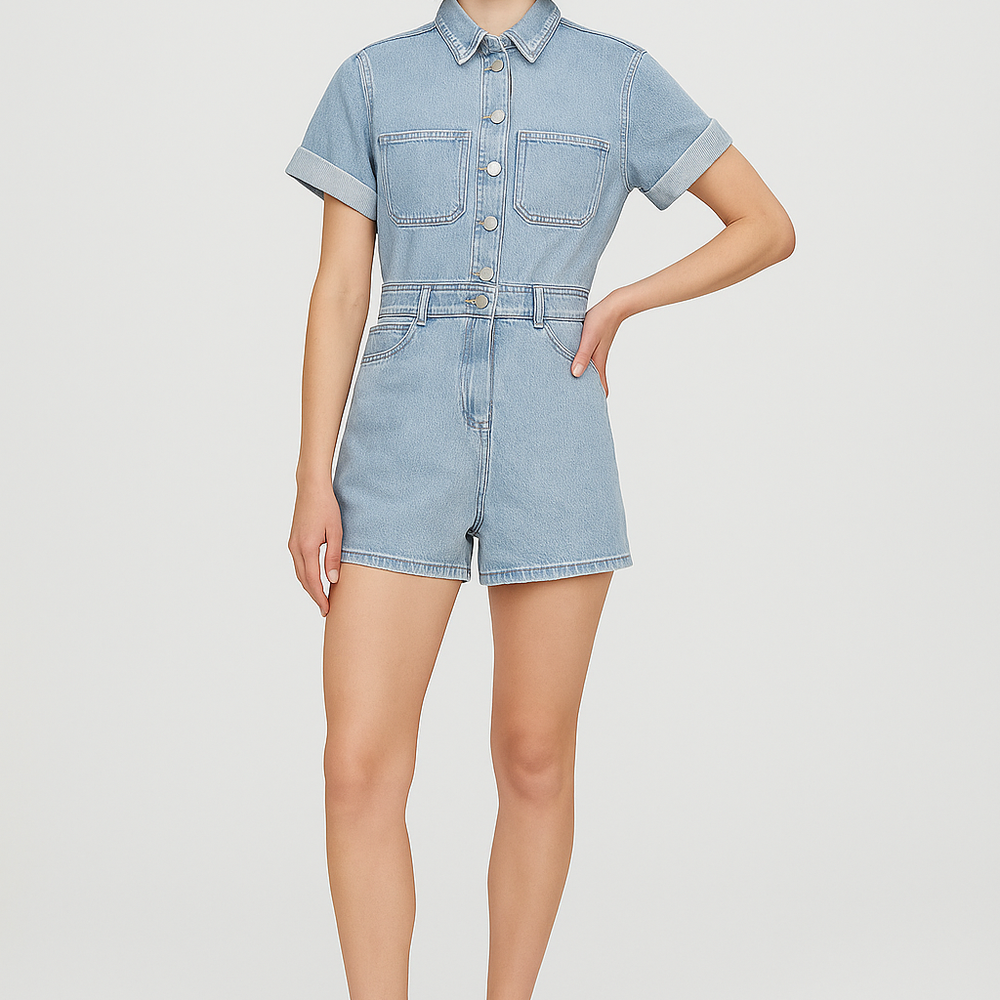 Talvya – Slimfit Denim Playsuit met Reverskraag en Zomerse Uitstraling