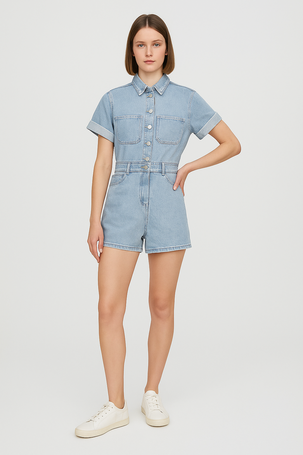 Talvya – Slimfit Denim Playsuit met Reverskraag en Zomerse Uitstraling