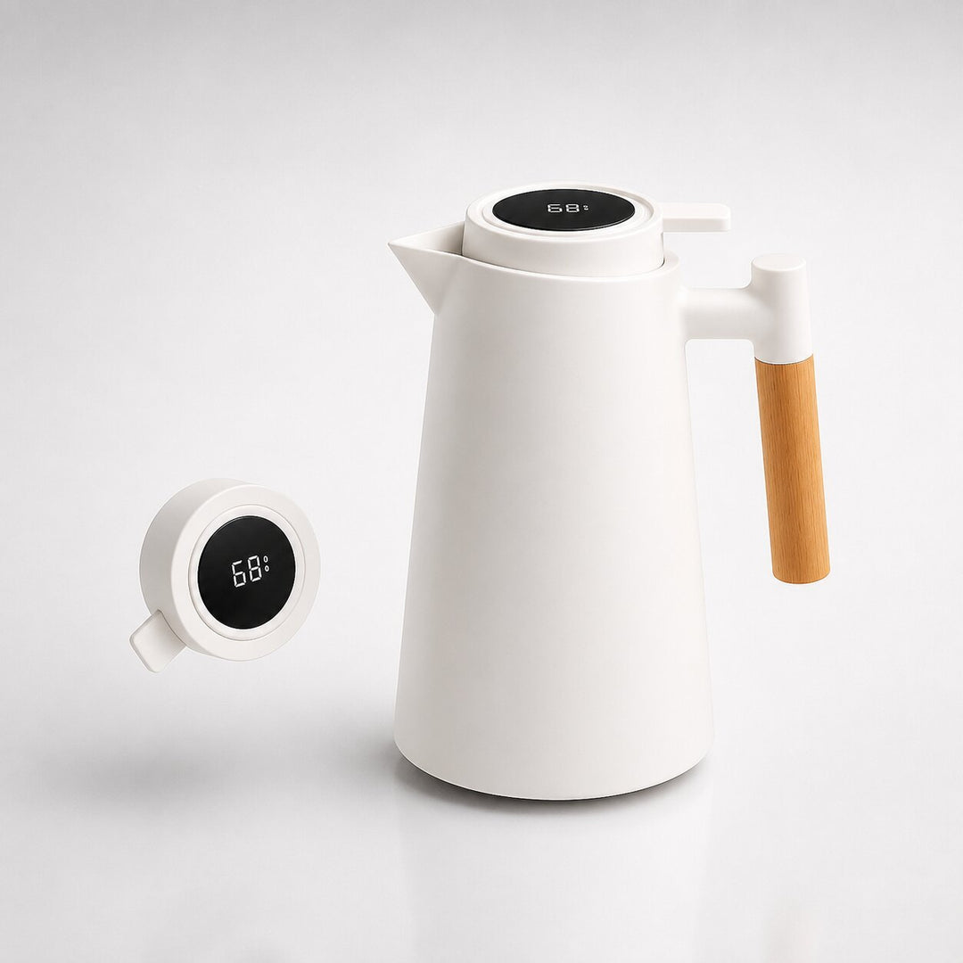 Thermoskan 1 liter met temperatuurdisplay in de dop en lekvrije tuit
