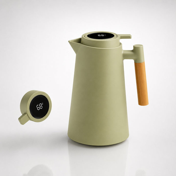 Thermoskan 1 liter met temperatuurdisplay in de dop en lekvrije tuit