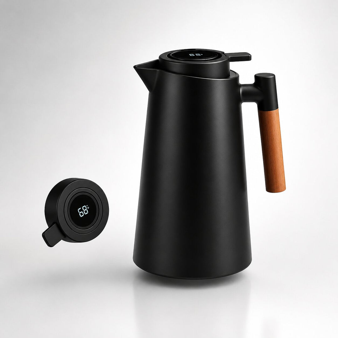 Thermoskan 1 liter met temperatuurdisplay in de dop en lekvrije tuit