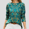 Groene dames blouse met ronde hals, print en lange mouw