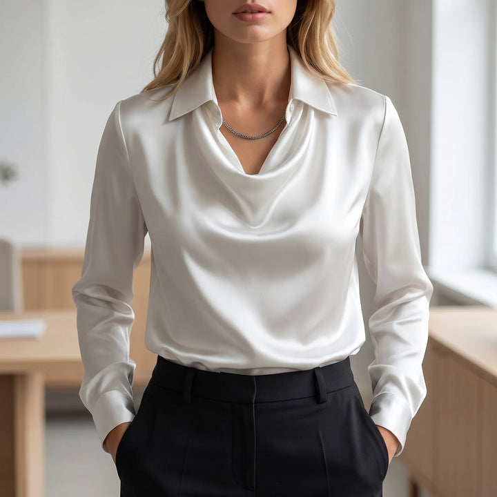 VelouraLong-Sleeve Cowl Neck Collar Blouse
