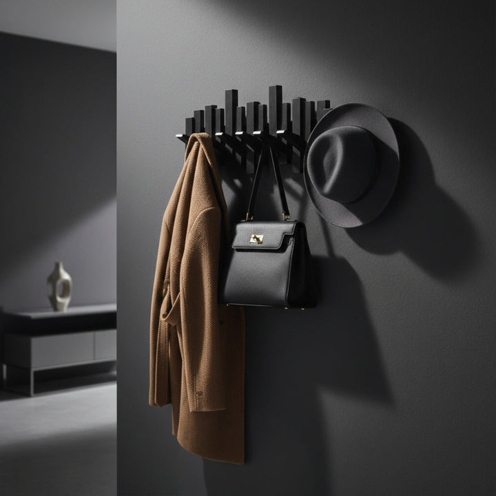 Houten wandkapstok „Piano” met inklapbare haken – hal & slaapkamer