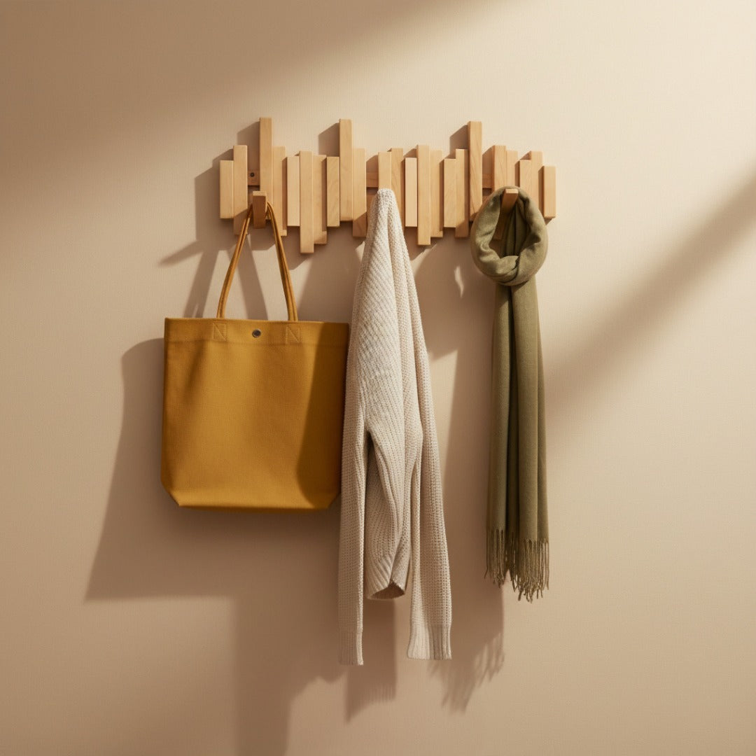 Houten wandkapstok „Piano” met inklapbare haken – hal & slaapkamer