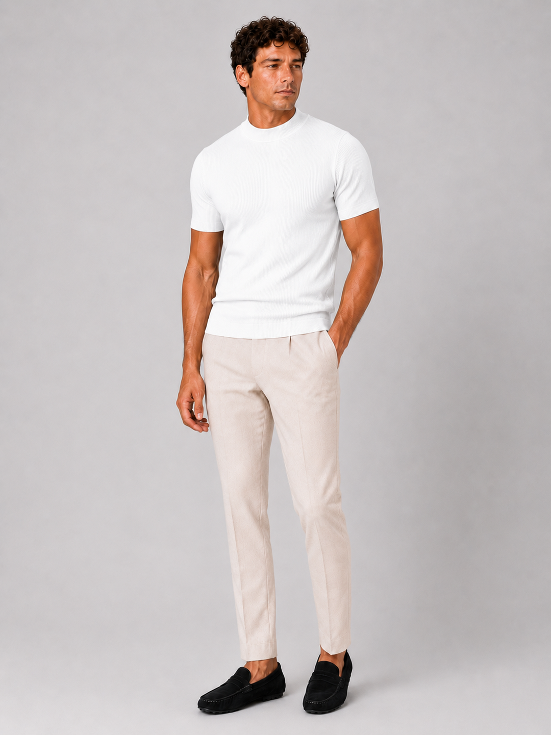 Geribd heren-T-shirt met opstaande kraag – aansluitende stretch top met korte mouwen